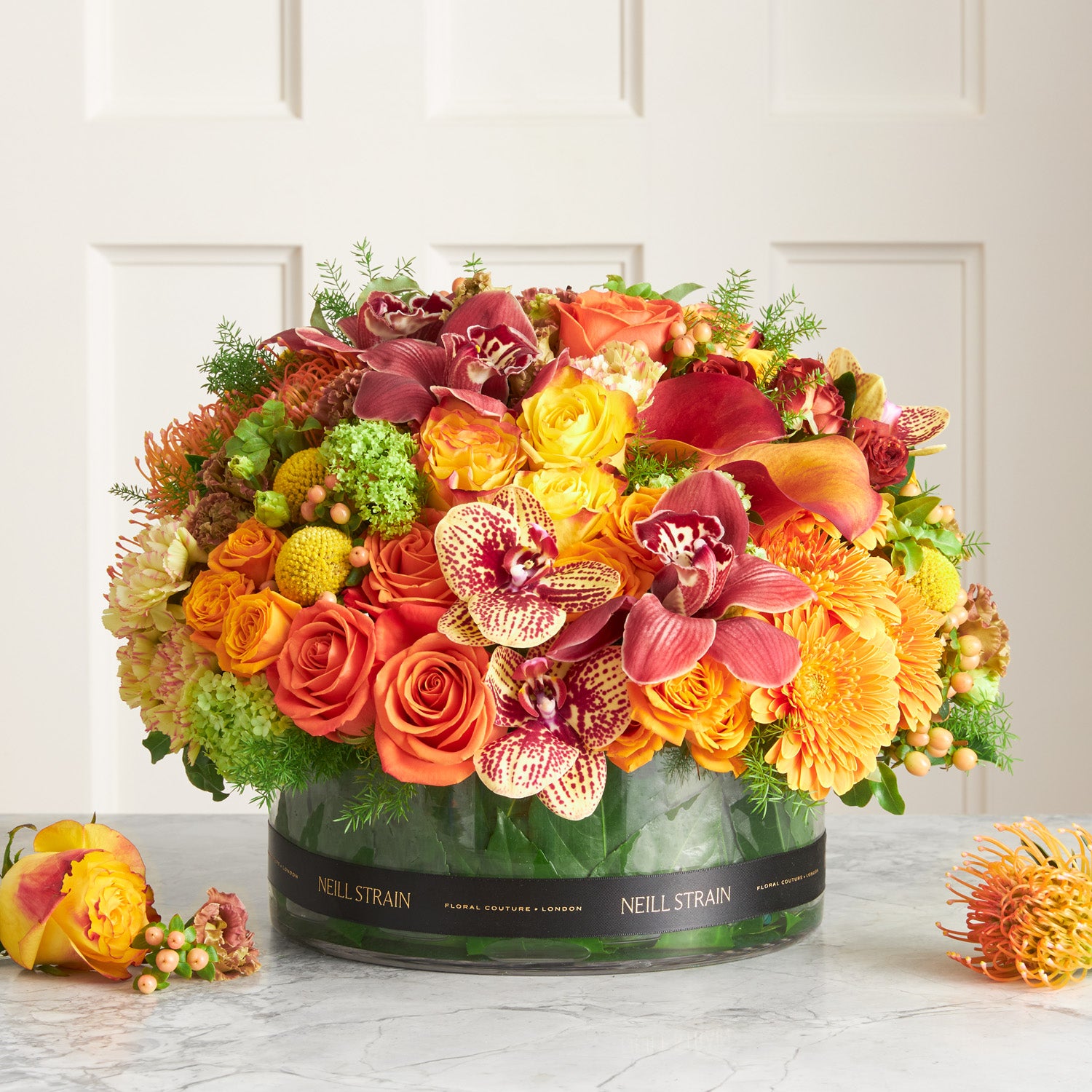 Haute Couture Low Table Arrangement Oranges, Yellows & Reds